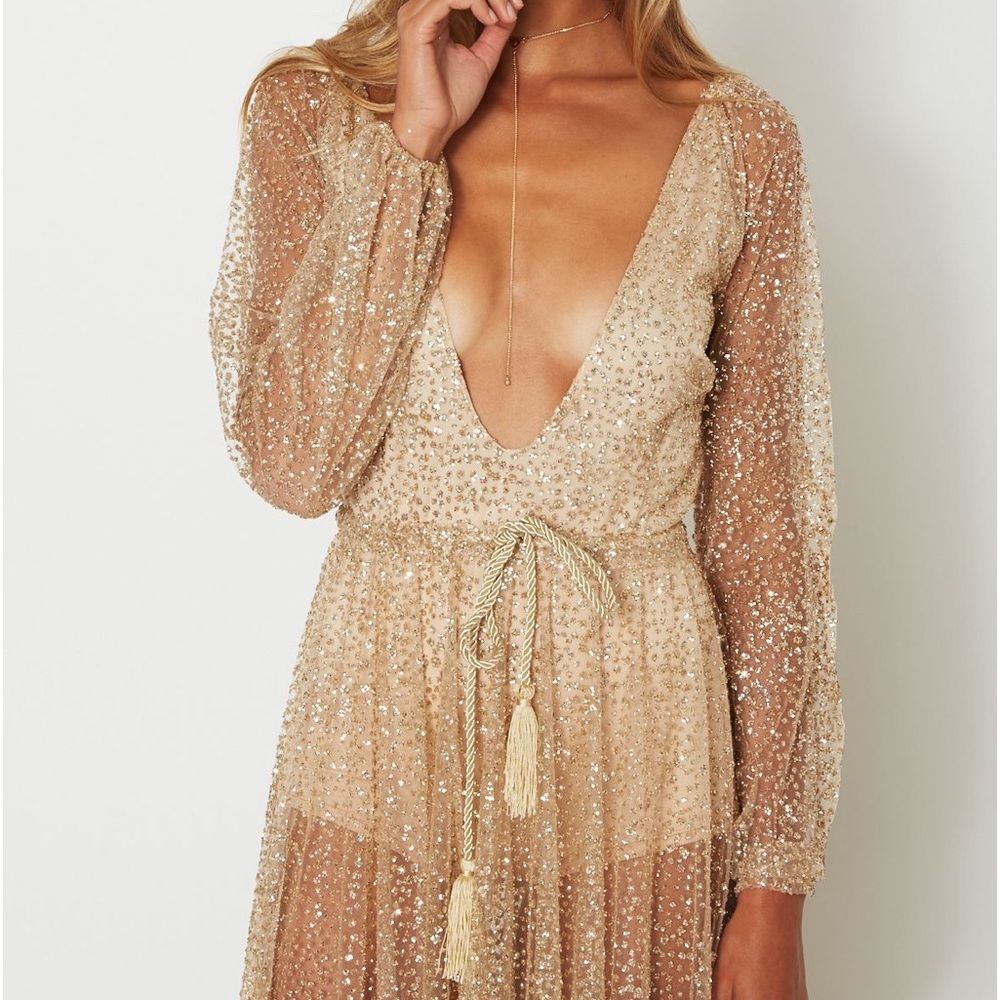 White fox boutique glitter gold mesh dress